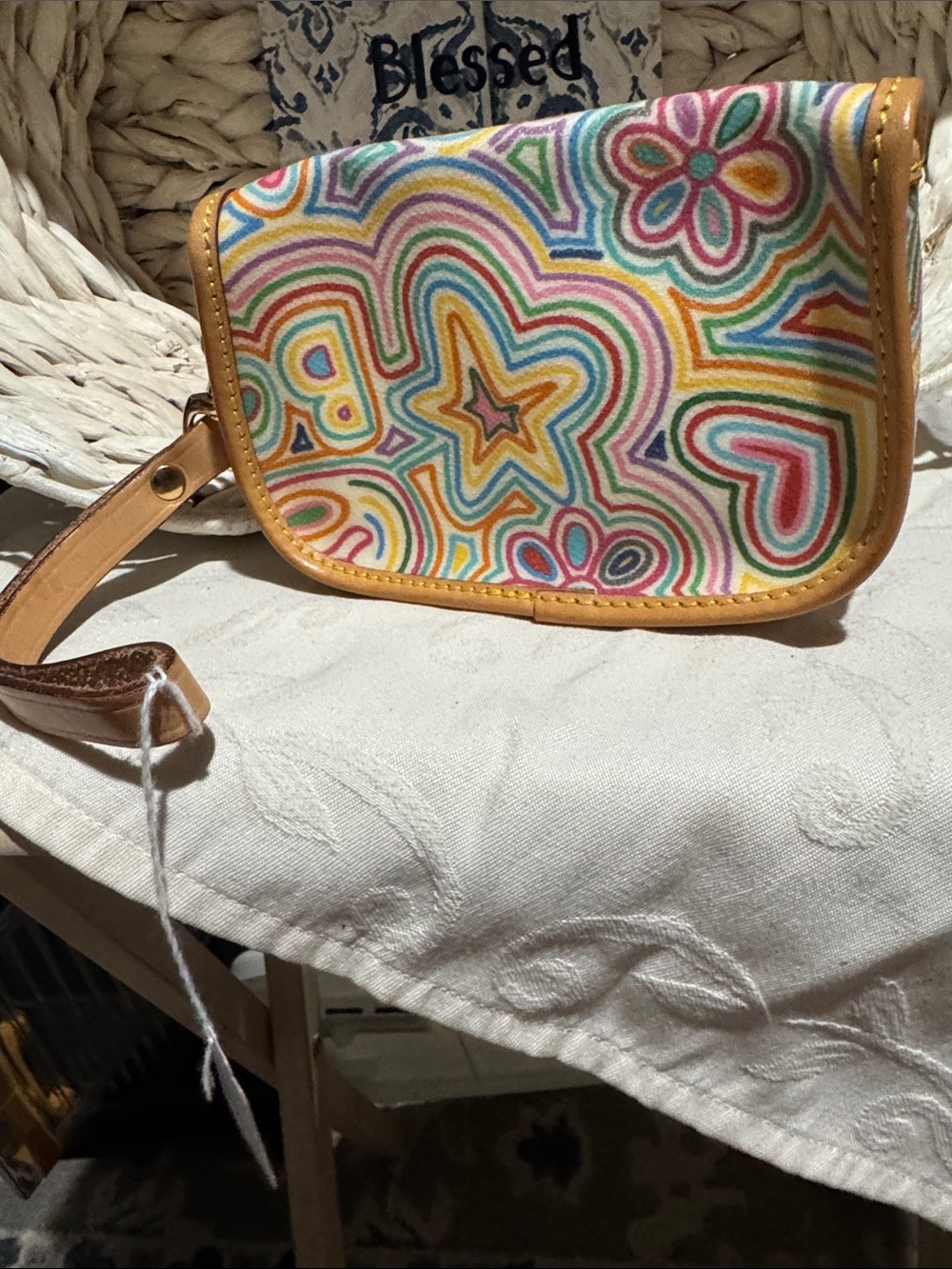 Dooney & Bourke Multicolor Heart Print Wristlet with Tan Trim - Picture 2 of 3